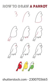 How to draw parrot  Step by step drawing tutorial  Simple educational game  Vector