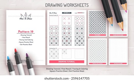 How to Draw a Pattern. Step by Step Drawing Tutorial. Draw Guide Worksheet. Simple Instruction for Kids and Adults. Vector eps 10.