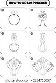 How to Draw Peacock Step by step drawing page for kids