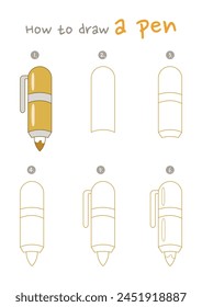 How to draw a pen vector illustration. Draw a pen step by step. Cute and easy drawing guide.