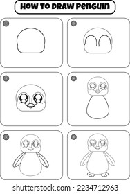 How to Draw Penguin Step by step drawing page for kids