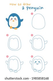 How to draw penguin vector illustration  Draw penguin step by step  Penguin drawing guide  Cute   easy drawing guidebook 