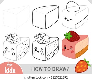 How to draw piece of cake with a cute face for children. Step by step drawing tutorial. A simple guide to learning to draw