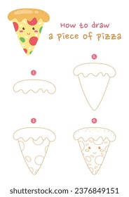 How to draw a piece of pizza vector illustration. Draw pizza step by step. Cute and easy drawing guide.