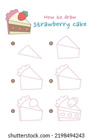 How to draw a piece of strawberry cake vector illustration. Draw a piece of strawberry cake step by step. Cute and easy drawing guide.