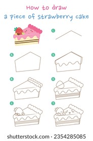 How to draw a piece of strawberry cake vector illustration. Draw a piece of strawberry cake step by step. Cute and easy drawing guide.