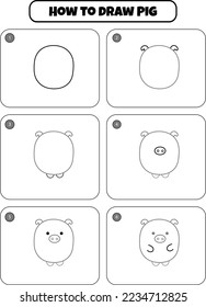 How to Draw Pig Step by step drawing page for kids