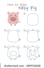 How to draw a pig vector illustration. Draw a pig step by step. Easy pig drawing guide. Cute and easy drawing guidebook.