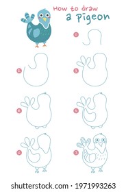 How to draw a pigeon bird vector illustration. Draw a pigeon bird step by step. Pigeon bird drawing guide. Cute and easy drawing guidebook.