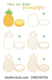 Cómo dibujar una ilustración vectorial de piña. Dibujar una piña paso a paso. Guía de dibujo de piña. Guía de dibujo suave y sutil.