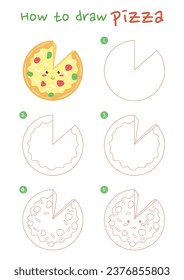 How to draw pizza vector illustration. Draw pizza step by step. Cute and easy drawing guide.