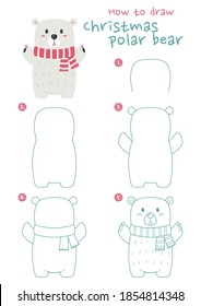 How to draw a polar bear vector illustration. Draw a christmas polar bear step by step. Polar bear drawing guide. Cute and easy drawing guidebook.