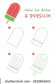 How To Draw A Popsicle Vector Illustration. Draw Ice Cream Step By Step. Watermelon Popsicle Drawing Guide. Cute And Easy Drawing Guidebook.