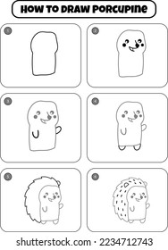 How to Draw Porcupine Step by step drawing page for kids