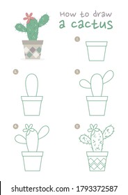 How to draw a pot of cactus plant vector illustration. Draw a pot of cactus plant step by step. Cactus plant drawing guide. Cute and easy drawing guidebook.