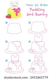 How to draw pudding and bunny vector illustration. Draw cute rabbit on pudding step by step. Cute and easy drawing guide.