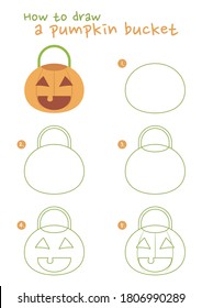 How to draw a pumpkin bucket vector illustration. Draw a pumpkin bucket step by step. Halloween pumpkin bucket drawing guide. Cute and easy drawing guidebook.