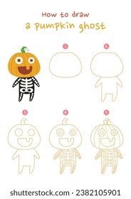 How to draw a pumpkin ghost vector illustration. Draw Jack o Lantern step by step. Cute and easy drawing guide.