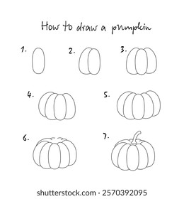 How to draw a pumpkin vector illustration. Educational, kids drawing pages, printable, activity, worksheets. Black and white vector illustration of children's coloring book.