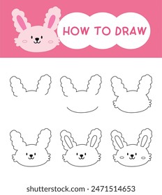 How to draw rabbit face cartoon step by step for learning, kid, education and coloring book. Vector illustration