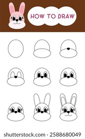 How to draw rabbit face cartoon step by step for learning, easter egg, kid, education and coloring book 