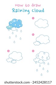 Cómo dibujar la Ilustración vectorial de nubes de lluvia. Dibuja la nube de lluvia paso a paso. Guía de dibujo lindo y fácil.