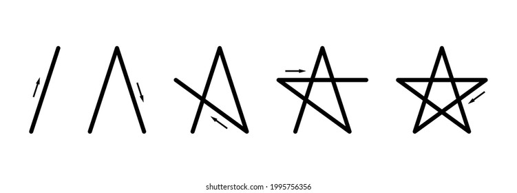 How to draw a regular pentagram without lifting the pen. A five-pointed star, also pentalpha, pentacle or star pentagon, can be drawn with five straight strokes without stopping. Illustration. Vector.