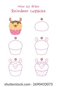 Cómo dibujar Ilustración vectorial de cupacke de reno. Dibuja el cupcake de Navidad paso a paso. Linda y fácil guía de dibujo.