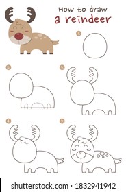 How to draw a reindeer vector illustration. Draw a reindeer step by step. Christmas reindeer drawing guide. Cute and easy drawing guidebook.