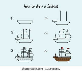 How to draw a Sailboat. Good for drawing child kid illustration. vector illustration.