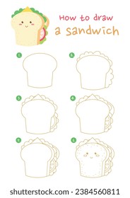 How to draw sandwich vector illustration. Draw sandwich step by step. Cute and easy drawing guide.