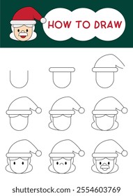 How to draw Santa Claus face cartoon step by step for learning, kid, education and coloring book. Vector illustration