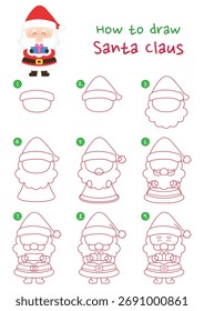 Cómo dibujar la Ilustración vectorial de Papá Noel. Dibuja a Santa Claus paso a paso. Linda y fácil guía de dibujo.