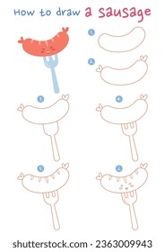 How to draw a sausage vector illustration. Draw sausage step by step. Cute and easy drawing guide.