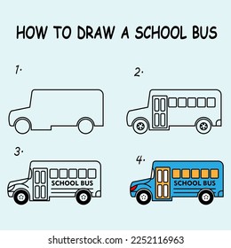 Cómo dibujar un autobús escolar. Es bueno para dibujar una ilustración infantil. Ilustración del vector	
