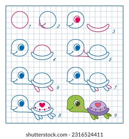 How to draw sea turtle. Step by step drawing lesson for kids. Cartoon coloring page