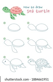 How to draw a sea turtle vector illustration. Draw a sea turtle step by step. Marine turtle drawing guide. Cute and easy drawing guidebook.