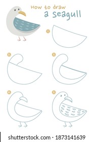 How to draw a seagull vector illustration. Draw a sea bird step by step. Seagull bird drawing guide. Cute and easy drawing guidebook.