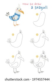 How to draw a seagull vector illustration. Draw a seagull step by step. Seagull drawing guide. Cute and easy drawing guidebook.