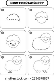 How to draw Sheep step-by-step drawing page for kids. Animal Step by step drawing page