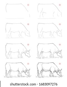 How To Draw Sketch Of Imaginary Breton Cow. Creation Step By Step Pencil Drawing. Education For Artists. Textbook For Developing Artistic Skills. Hand-drawn Vector On Computer By Graphic Tablet.