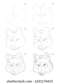 How to draw sketch of imaginary cute wolf head. Creation step by step pencil drawing. Education for artists. Textbook for developing artistic skills. Hand-drawn vector on computer by graphic tablet.
