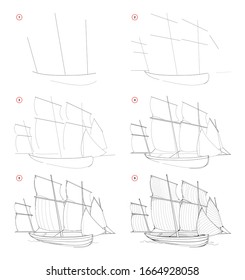 How to draw sketch of imaginary medieval Celtic sail ship. Creation step by step pencil drawing. Education for artists. Textbook for developing artistic skills. Hand-drawn vector by graphic tablet.