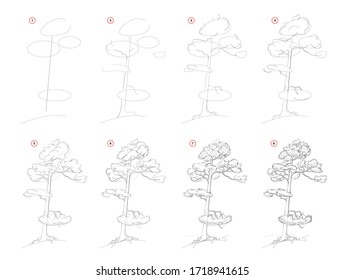 How to draw sketch of pine tree. Creation step by step pencil drawing. Educational page for artists. Textbook for developing artistic skills. Hand-drawn vector on computer by graphic tablet.