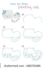 How to draw a sleeping cat vector illustration. Draw a sleeping kitten step by step. Cute cat drawing guide. Cute and easy drawing guidebook.