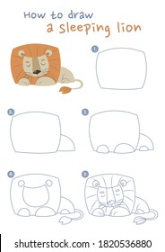 How to draw a sleeping lion vector illustration. Draw a sleeping lion step by step. Sleeping lion drawing guide. Cute and easy drawing guidebook.