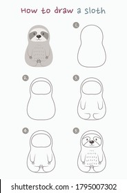 How to draw a sloth vector illustration. Draw a sloth step by step. Sloth drawing guide. Cute and easy drawing guidebook.