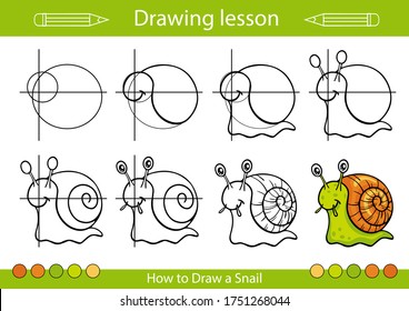 How to draw a snail. Step by step learning draw. Drawing tutorial. Lesson for kids. Coloring page for book. Children educational art page. Vector illustration