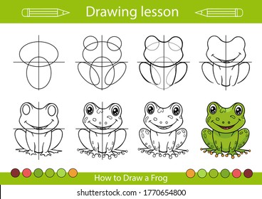 How to draw a snail. Step by step learning draw. Drawing tutorial. Lesson for kids. Coloring page for book. Children educational art page. Vector illustration