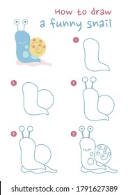 How to draw a snail vector illustration. Draw a snail step by step. Snail drawing guide. Cute and easy drawing guidebook.